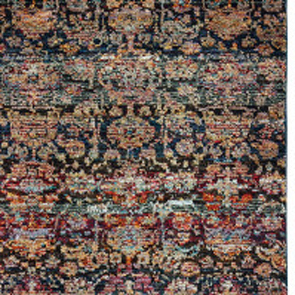 Persian-style area rug with dense floral pattern in navy, red, cream and gold hues.