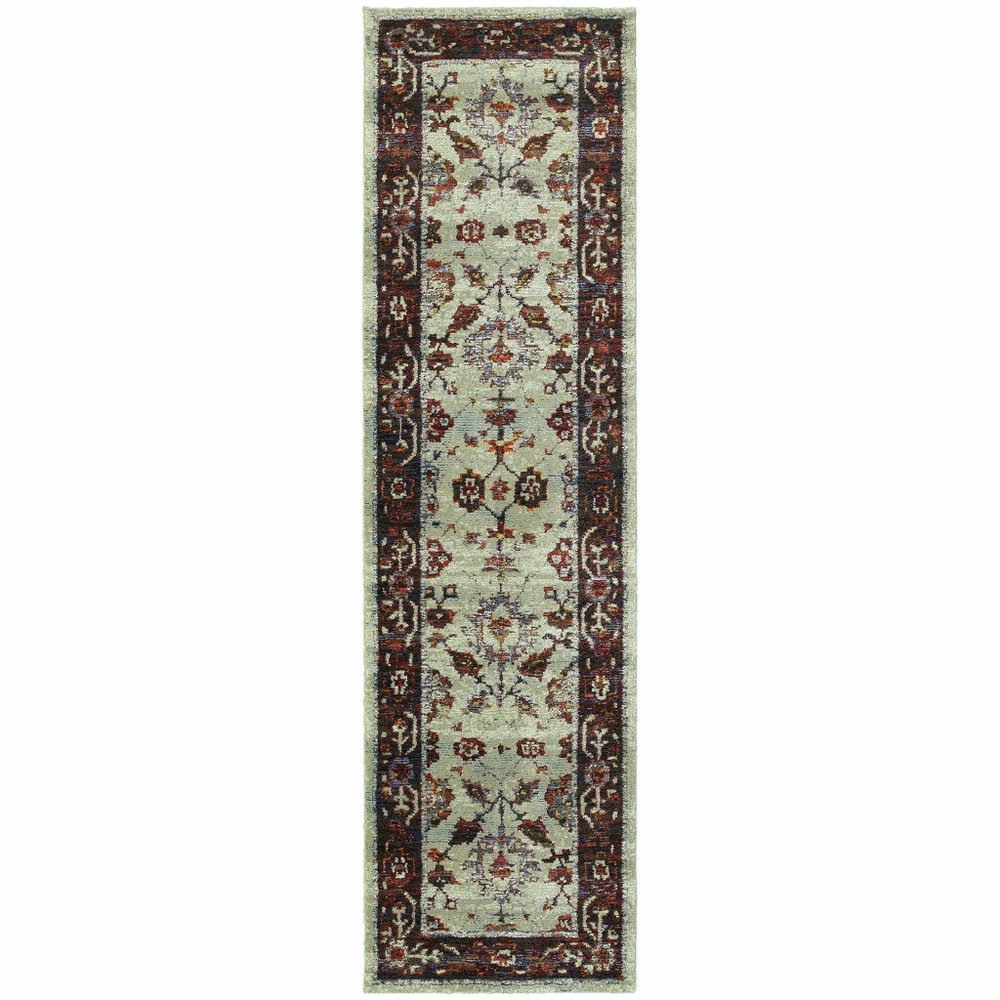 8' long red and ivory Oriental runner rug with a floral botanical motif.