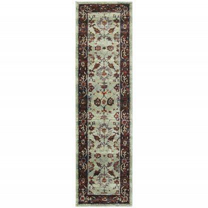 8' long red and ivory Oriental runner rug with a floral botanical motif.