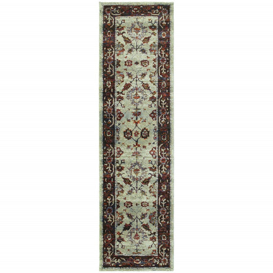 8' long red and ivory Oriental runner rug with a floral botanical motif.