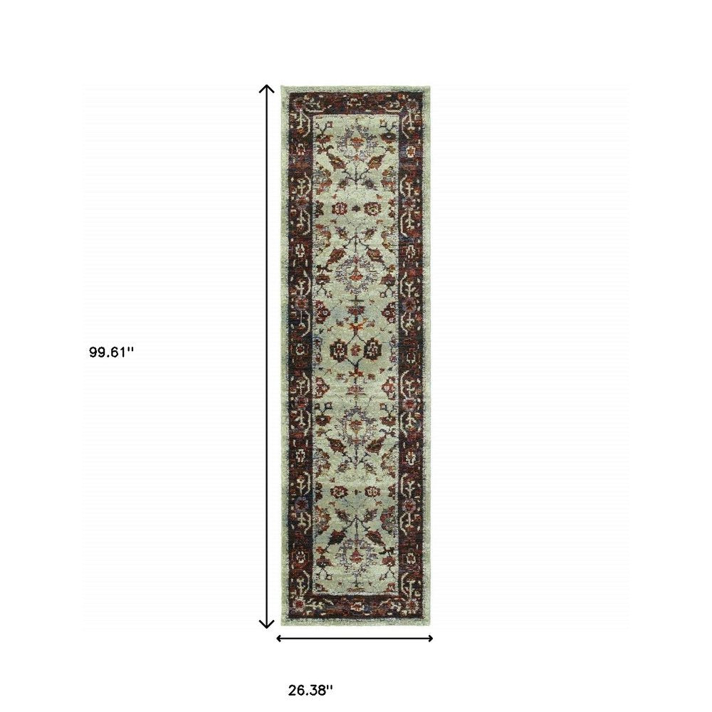 Red and ivory oriental runner rug with floral motifs; long rectangular hallway rug, 99.61 by 26.38 inches.