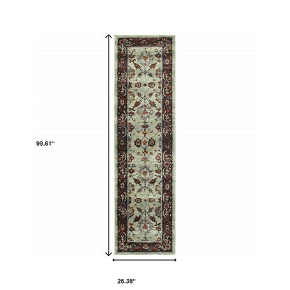 Red and ivory oriental runner rug with floral motifs; long rectangular hallway rug, 99.61 by 26.38 inches.