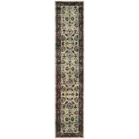 12' Runner Stone and Red Oriental Power Loom Runner Rug