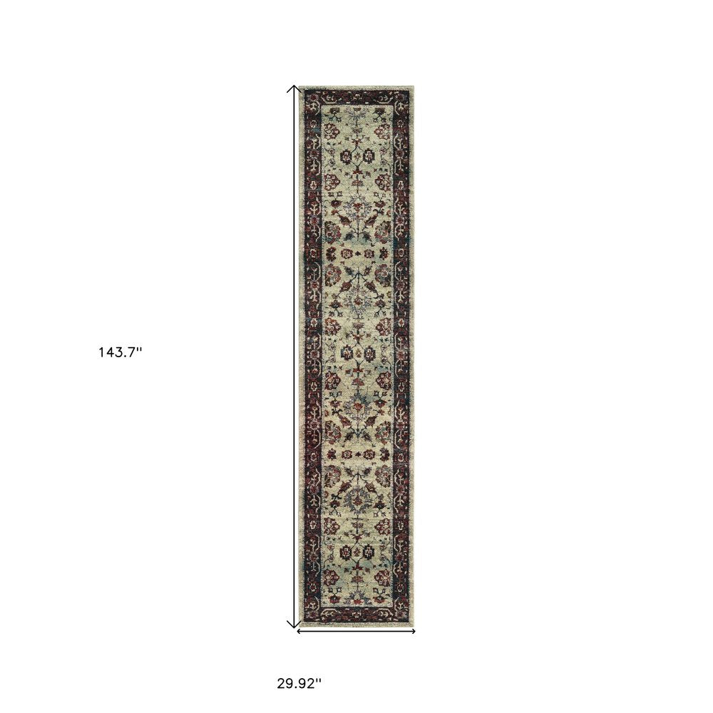 12' Stone And Red Oriental Runner Rug
