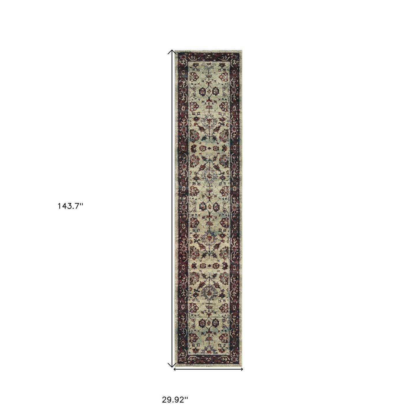 12' Runner Stone and Red Oriental Power Loom Runner Rug