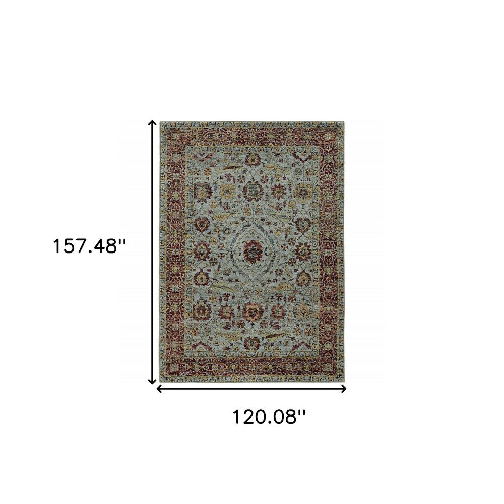Blue and green Oriental power-loom rectangular rug with a central medallion, a blue-green field and ornate border; 157.5 x 120 in.