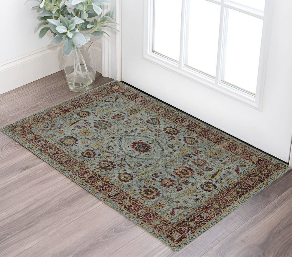 2' X 3' Blue And Red Oriental Area Rug