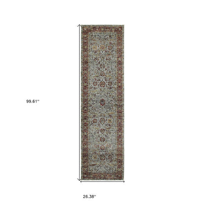 8' Blue And Green Oriental Runner Rug