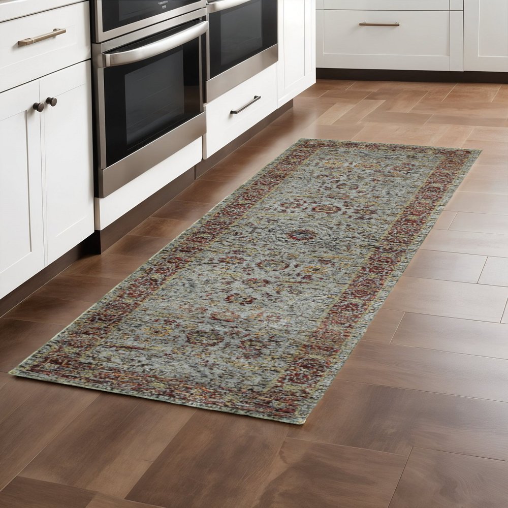 8' Blue And Green Oriental Runner Rug