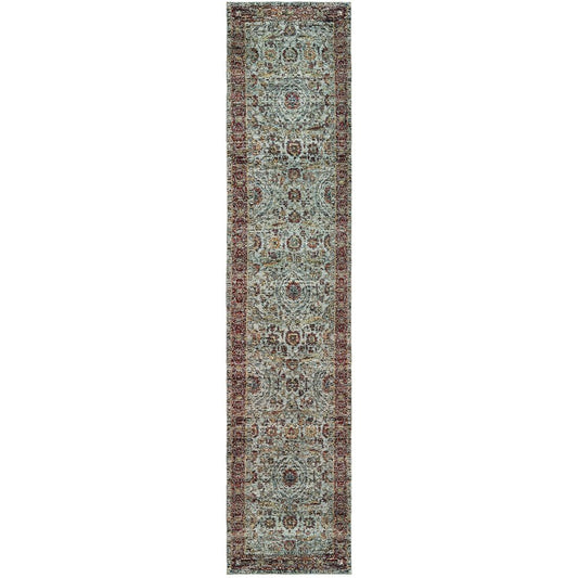 12' Blue And Red Oriental Runner Rug