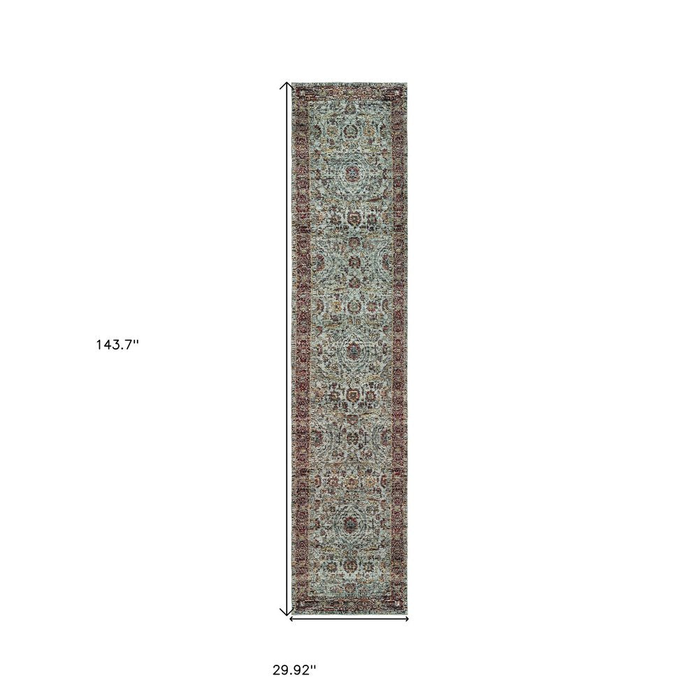 12' Blue And Red Oriental Runner Rug