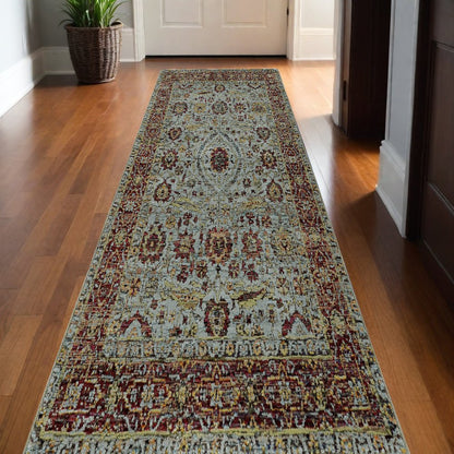 12' Blue And Red Oriental Runner Rug