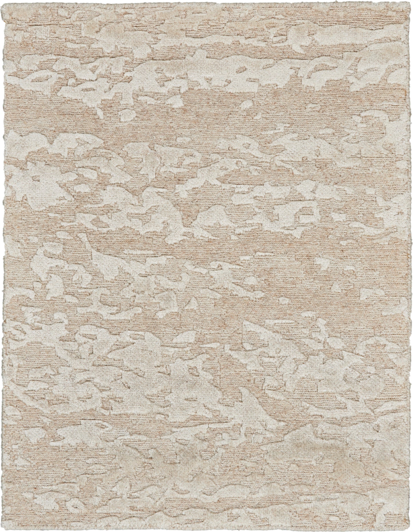Beige and cream abstract patterned rug with textured, woven surface.