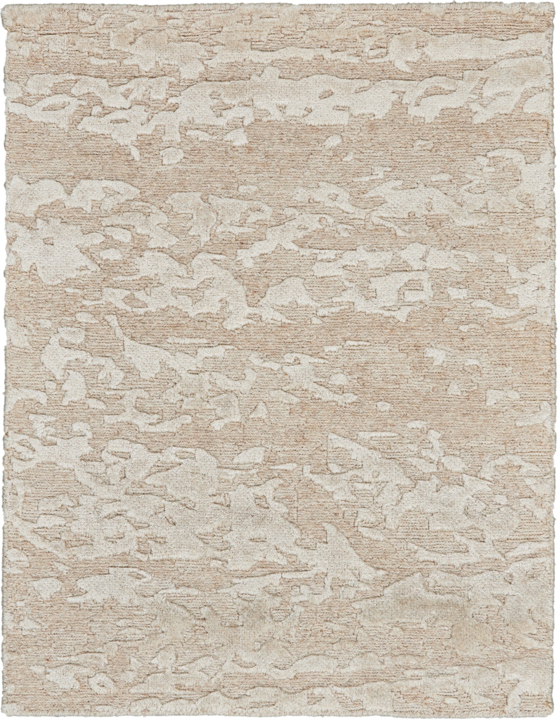 Beige and cream abstract patterned rug with textured, woven surface.