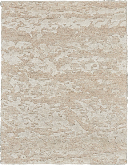 Beige and cream abstract patterned rug with textured, woven surface.