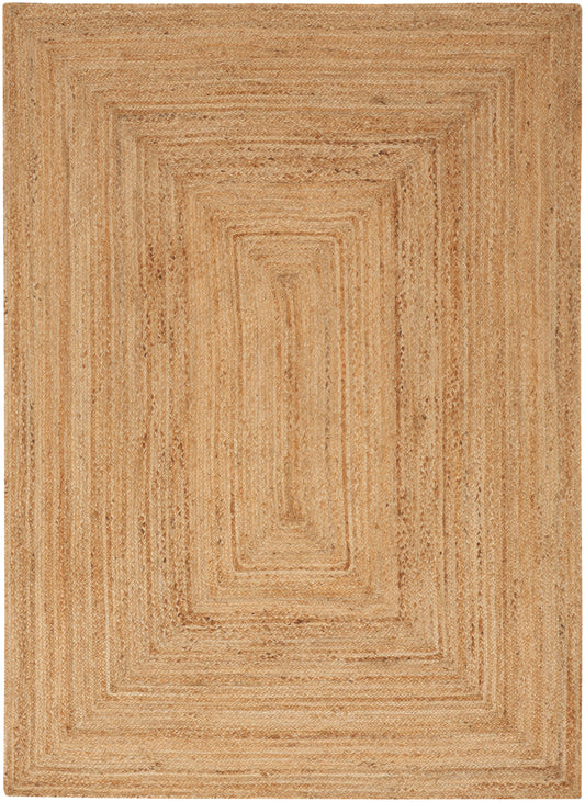 Natural beige jute rug with a stepped concentric rectangle woven pattern.