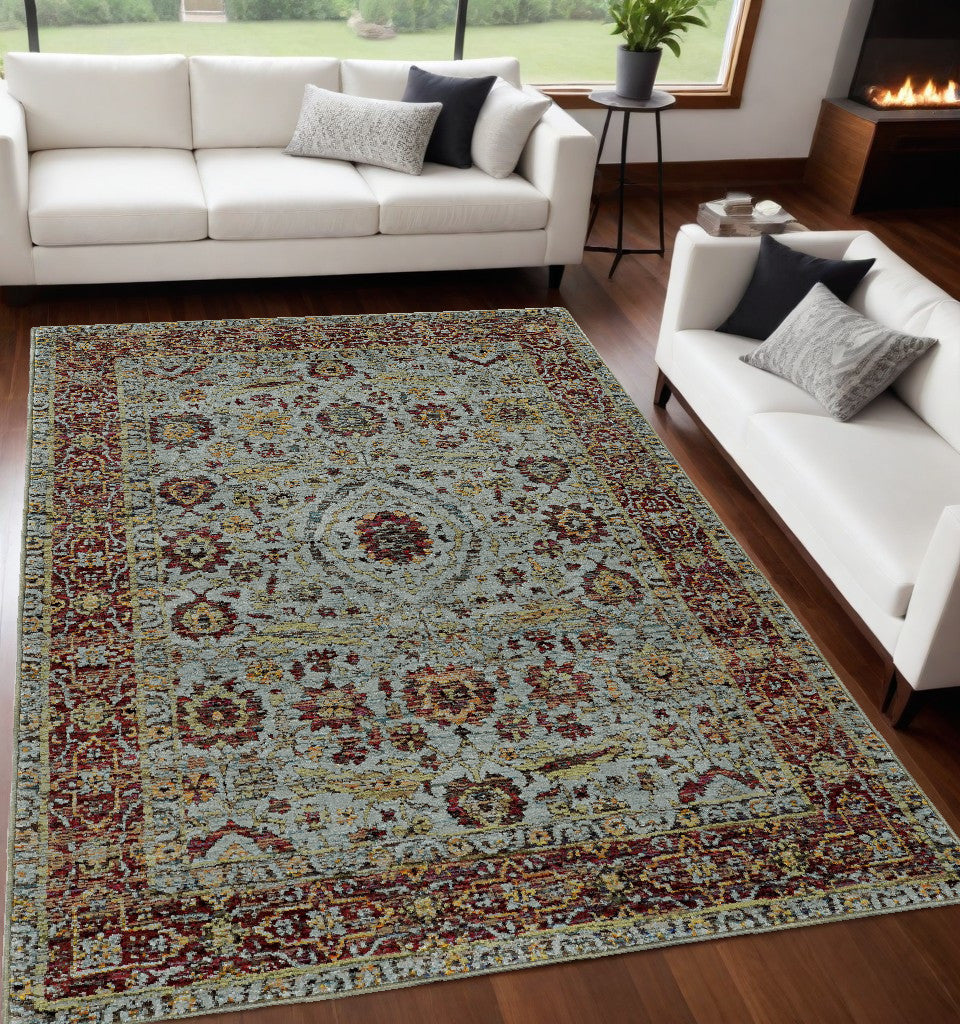 5' x 7' Blue and Green Oriental Power Loom Area Rug