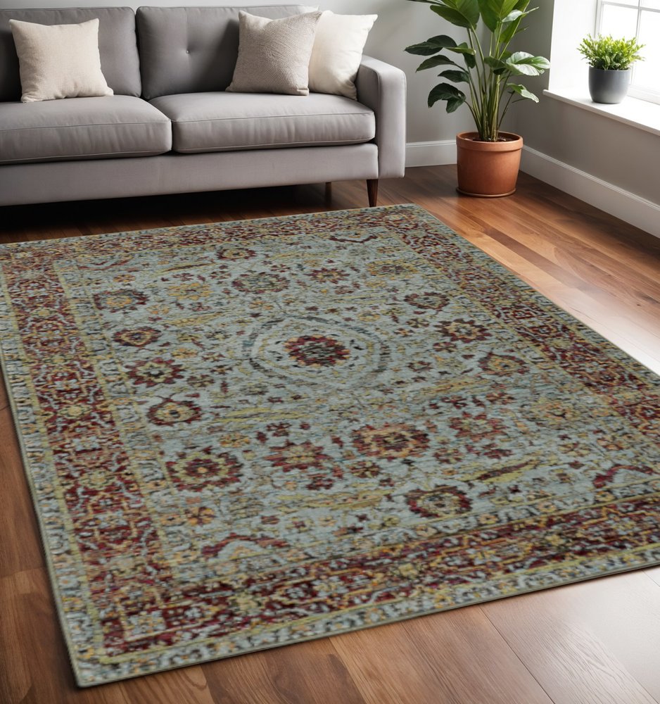 5' X 7' Blue and Green Oriental Power Loom Area Rug