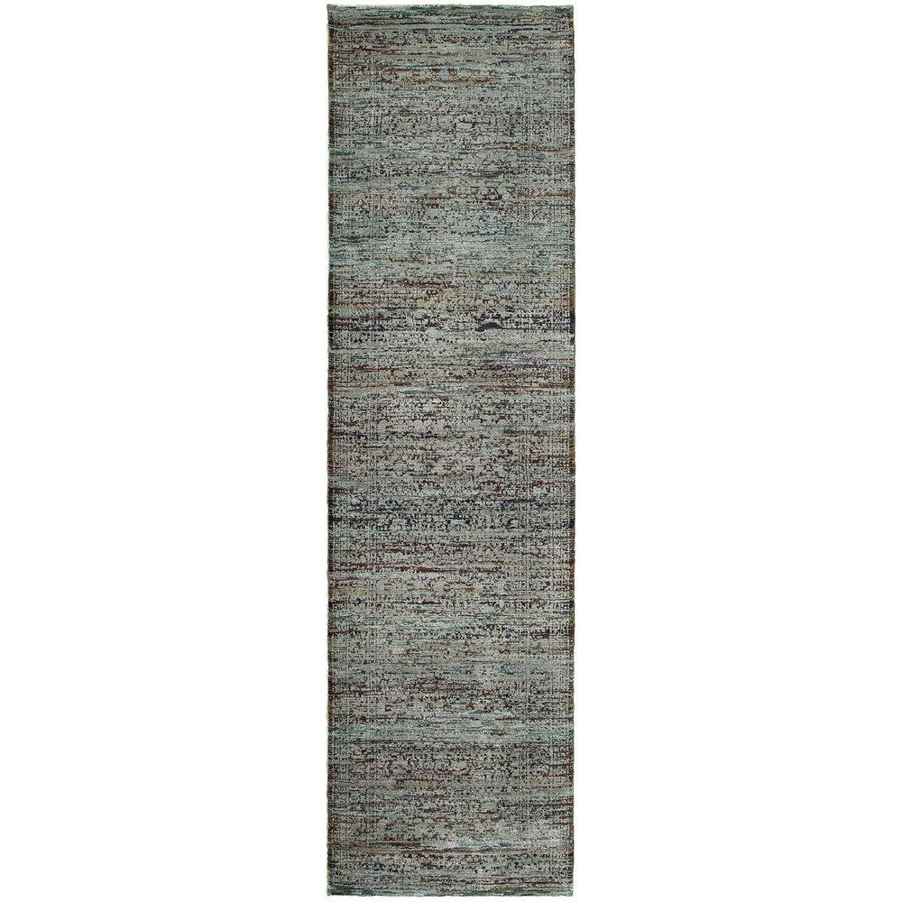 8' blue and green oriental runner rug, long narrow hallway runner.