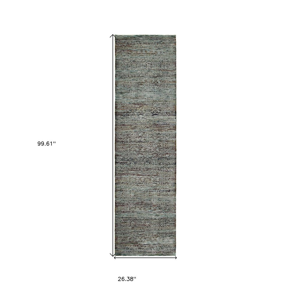 Blue-gray distressed rug runner with textured vintage look, 99.61" x 26.38", ideal for hallway or entry.