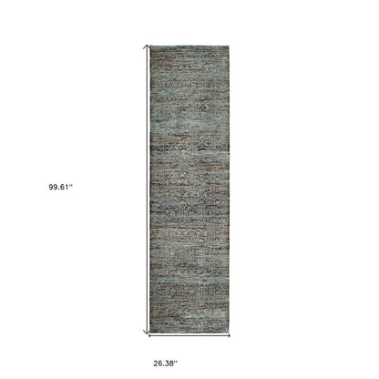 Blue-gray distressed rug runner with textured vintage look, 99.61" x 26.38", ideal for hallway or entry.