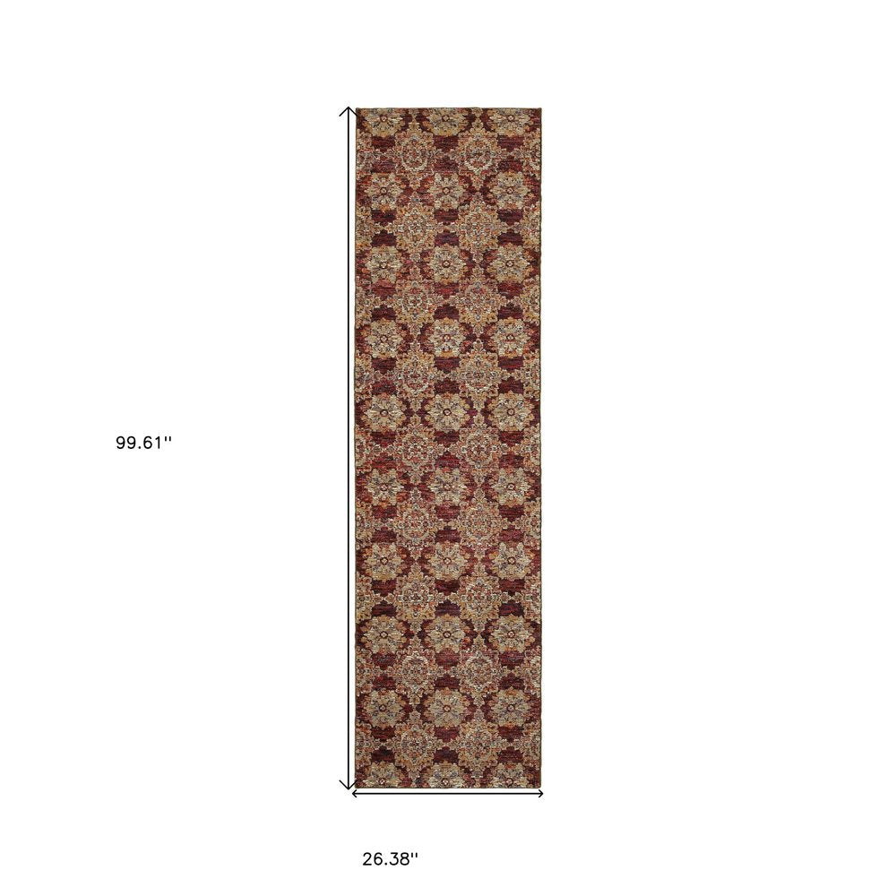 8' red and gold oriental runner rug