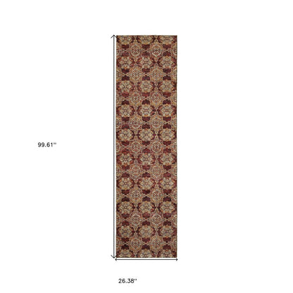 8' red and gold oriental runner rug