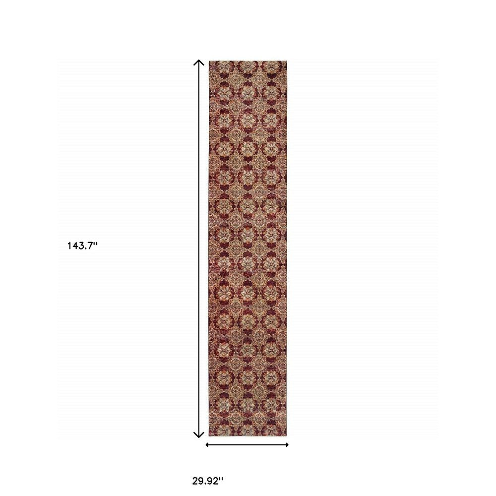 12' Red And Gold Oriental Runner Rug