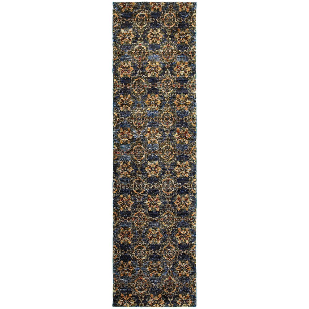 8' Blue And Gold Oriental Runner Rug