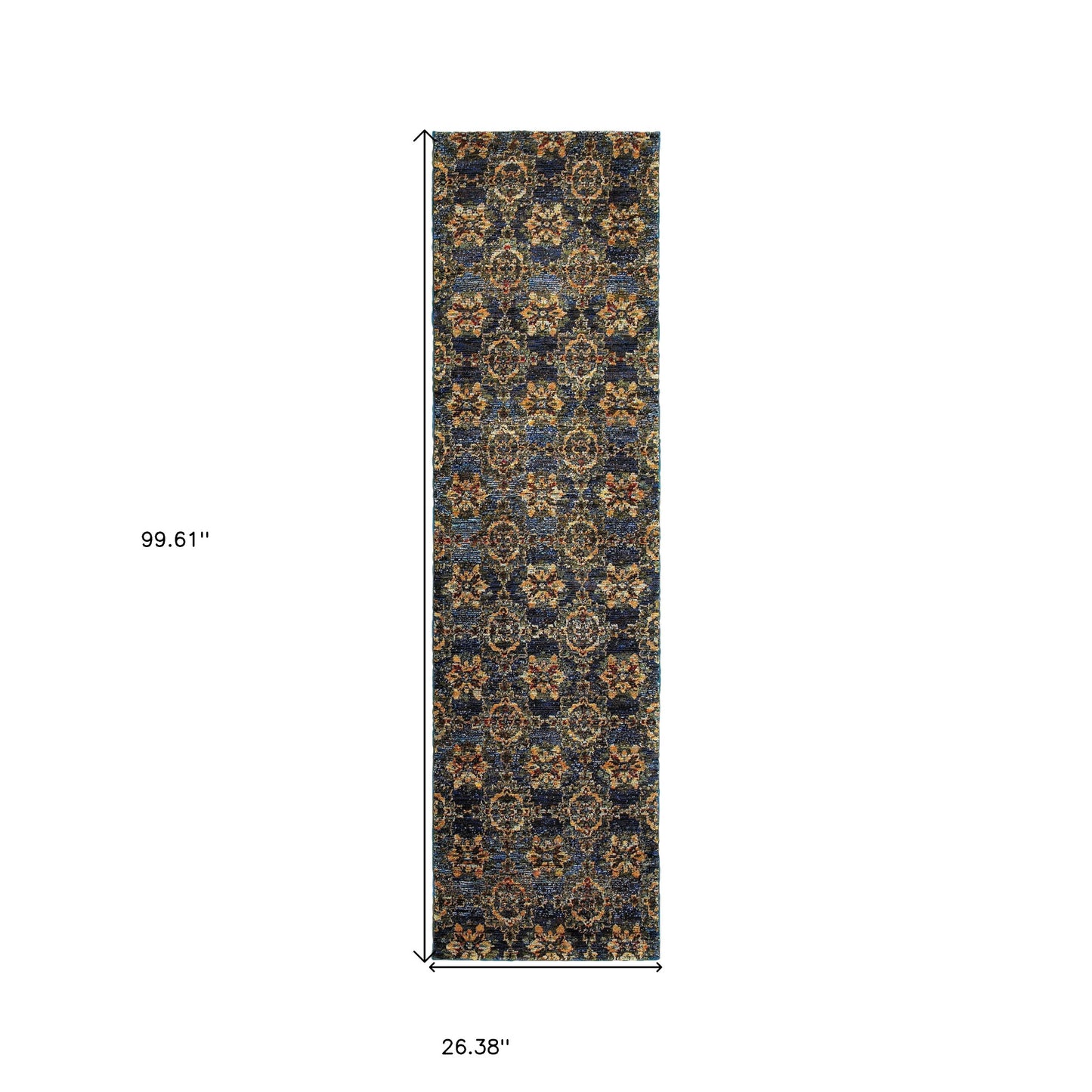 8' Runner Blue and Gold Oriental Power Loom Runner Rug