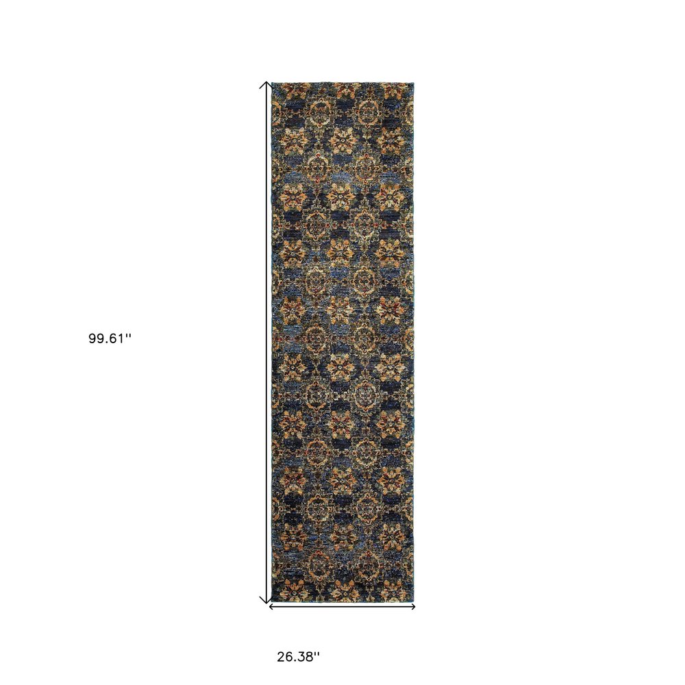 8' Blue And Gold Oriental Runner Rug