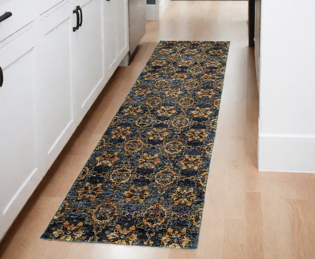 8' Runner Blue and Gold Oriental Power Loom Runner Rug