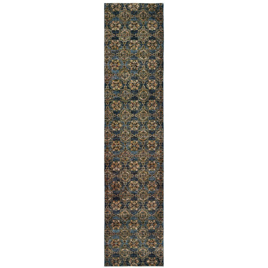 12' Blue And Gold Oriental Runner Rug