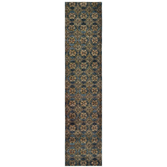 12' Blue And Gold Oriental Runner Rug