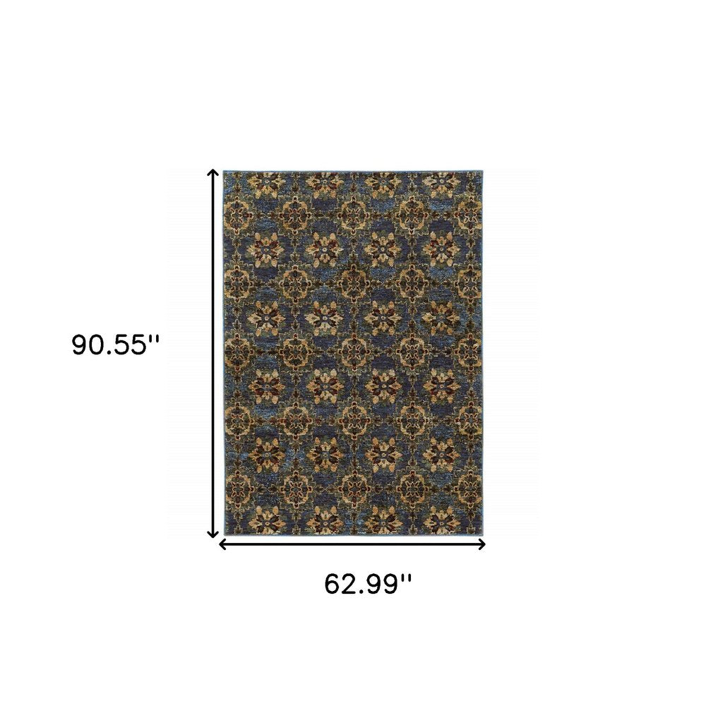 5' X 7' Blue And Gold Oriental Area Rug