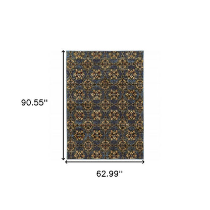 5' X 7' Blue And Gold Oriental Area Rug