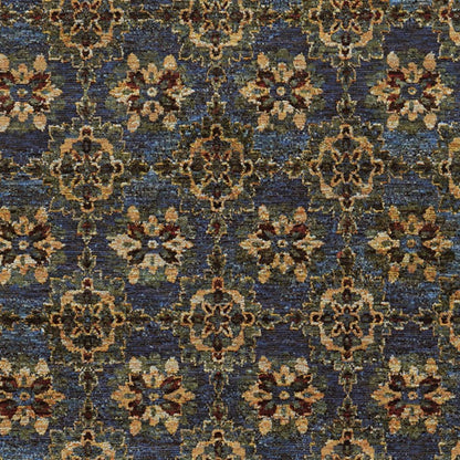 Blue & gold oriental rug with ivory, tan & red floral medallions in a repeating lattice pattern.
