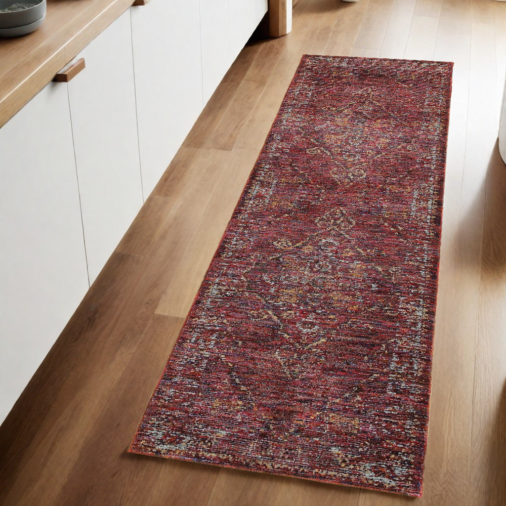 8' Runner Red and Gold Oriental Power Loom Runner Rug