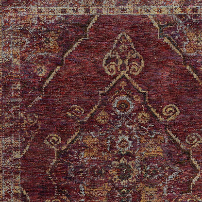 Burgundy Persian-style rug with gold-beige floral medallions & distressed finish; ornate border visible.