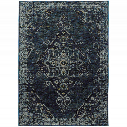 10' X 13' Blue and Ivory Oriental Power Loom Area Rug