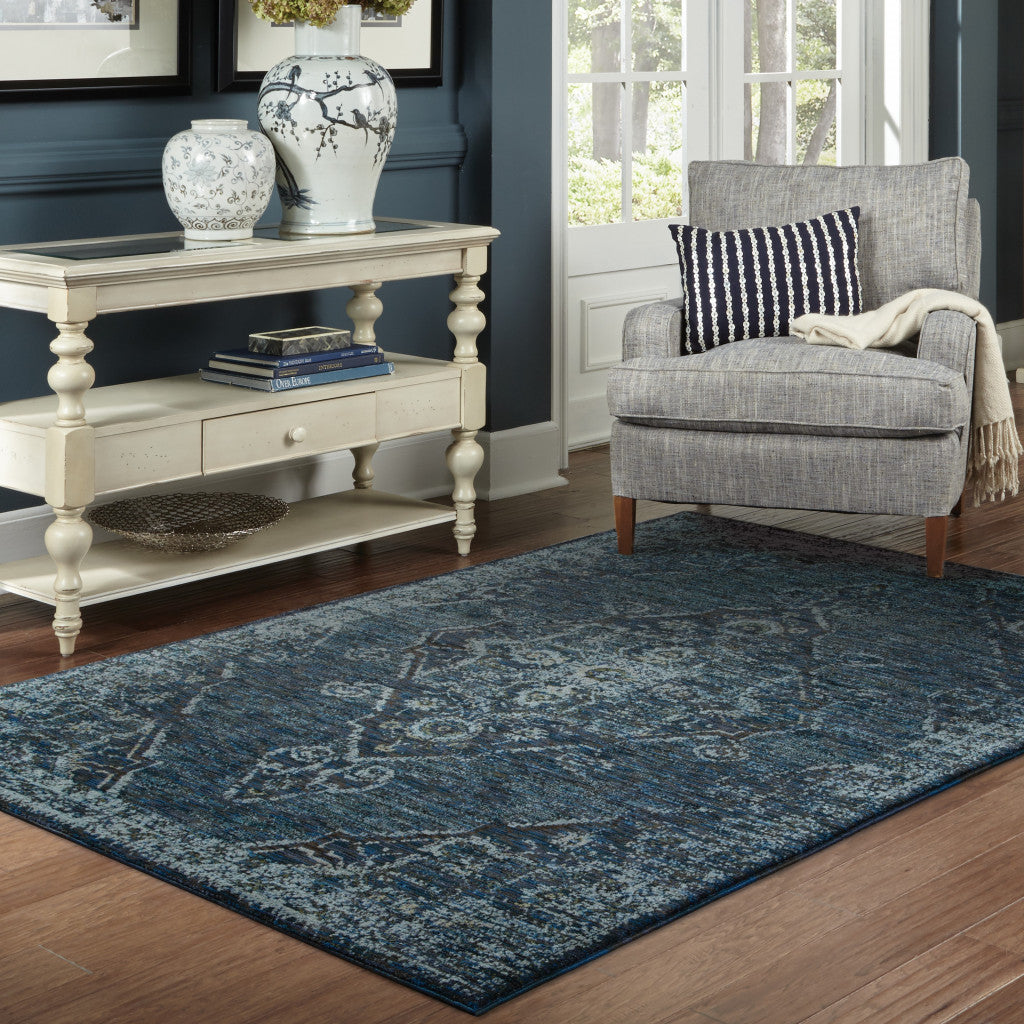 10' X 13' Blue and Ivory Oriental Power Loom Area Rug