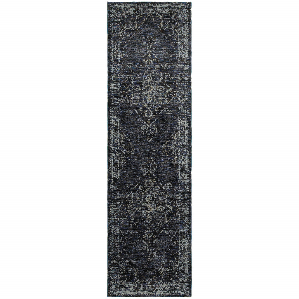 8' Runner Blue and Ivory Oriental Power Loom Runner Rug