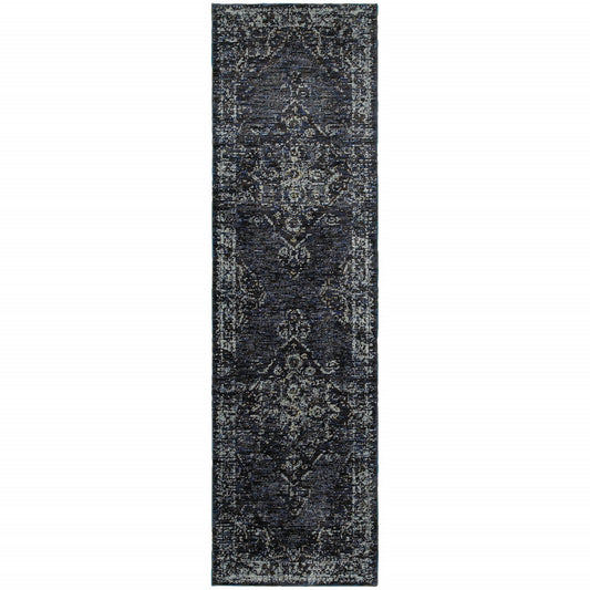 8' Runner Blue and Ivory Oriental Power Loom Runner Rug