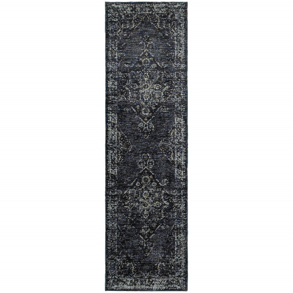 8' blue and ivory oriental runner rug with a distressed pattern.
