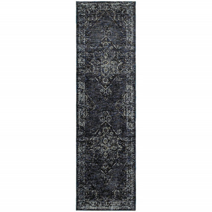 8' blue and ivory oriental runner rug with a distressed pattern.