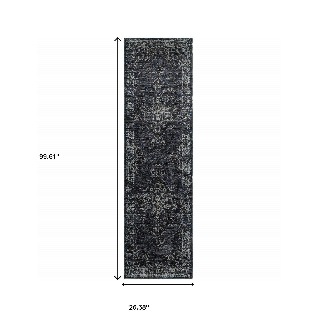 8' Runner Blue and Ivory Oriental Power Loom Runner Rug