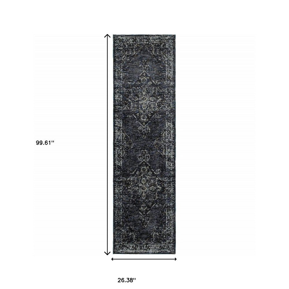 Blue and ivory Oriental runner rug with an intricate floral motif; long rectangular rug, 99.61 in x 26.38 in.