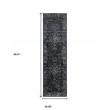 Blue and ivory Oriental runner rug with an intricate floral motif; long rectangular rug, 99.61 in x 26.38 in.