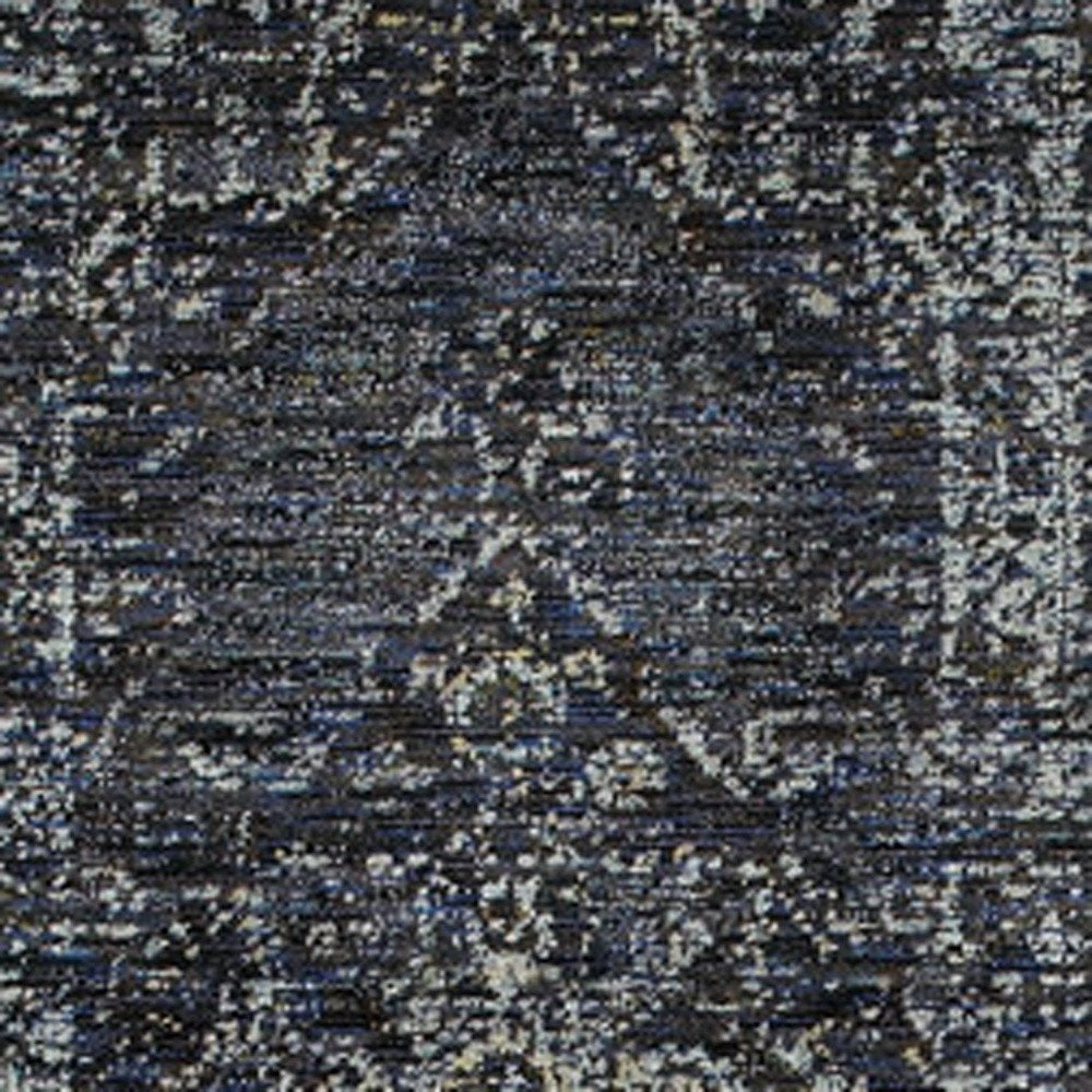 8' blue and ivory oriental runner rug; dark blue woven rug with gray and ivory flecks in a vintage distressed pattern
