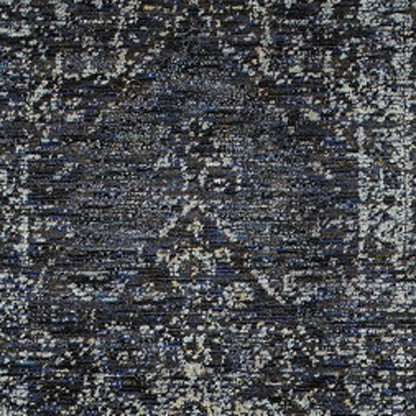 8' blue and ivory oriental runner rug; dark blue woven rug with gray and ivory flecks in a vintage distressed pattern